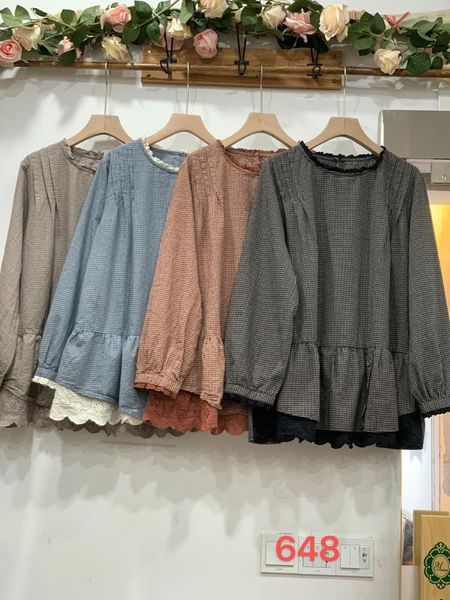 

mori doll blouse autumn pleated collar small plaid a-line ruffled long-sleeved cotton blouse, White