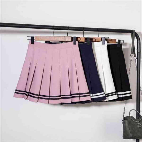 

women harajuku cotton high waist short pleated skirt school wind striped stitching mini skirt with shorts, Black