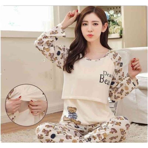 Stillen Mutterschaft Pyjamas Sets Baumwolle Schwangerschaft Frauen Kleidung Nachtwäsche Langarm Top + Hosen Pflege Nachthemd D0077 210918