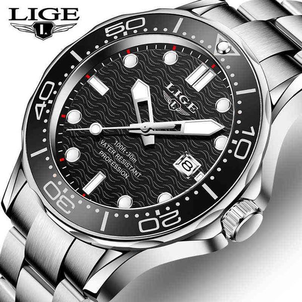 

lige sports men watches luxury stainless steel waterproof quartz watch for mens fashion rotating bezel date clock relojes hombre 210527, Slivery;brown