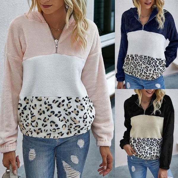 

women's hoodies & sweatshirts fashion warm plush women hooded leopard zipper sweatshirt female ladies winter long sleeve pullovers str, Black
