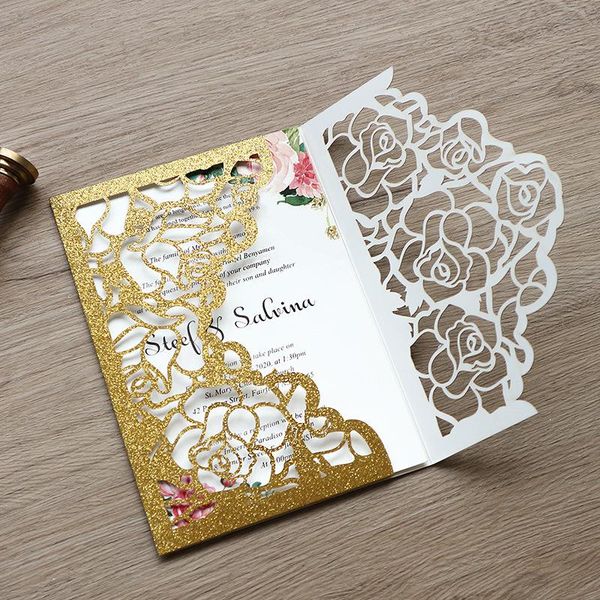 

greeting cards (50 pieces/lot) laser cut rose glitter pocket wedding invitation card personalize print business xv birthday invite ic150