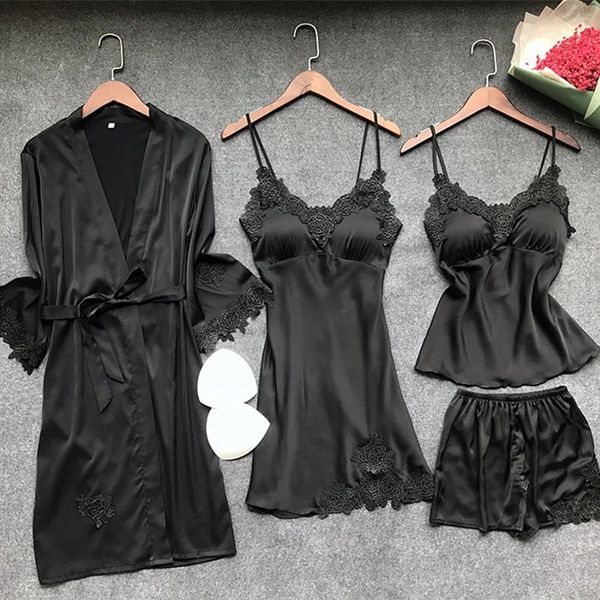 

4 pcs lace women pajamas sets spaghetti strap with chest pad night shorts with belt cardigan set sleepwear 210305, Black;red