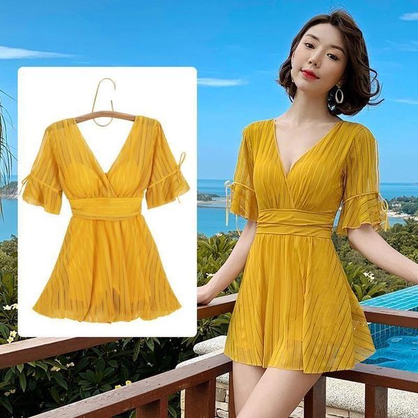 

one-piece suits women's swimsuit one piece female 2021 conservative cover belly yellow v-neck slimming korean fairy spring swimwear