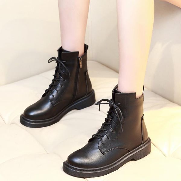 

boots winter autumn women solid low heel female lace up fashion round toe ankle shoes, Black