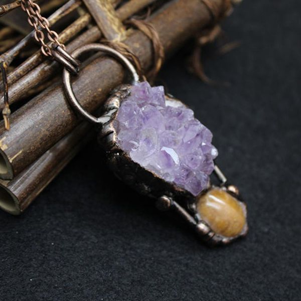 

pendant necklaces natural stones irregular raw quartz suspension cluster amethysts purple crystal necklace jewelry elegant reiki, Silver