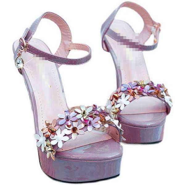 Europäische und amerikanische Frühlings- und Sommermode mit dünnem Absatz, Damensandalen, Blumen-High-Heels