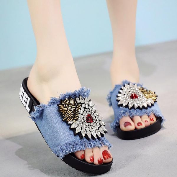 

new rhinestone denim slippers fringe flip-flops thick-soled flat-heel women's sandals casual all-match new women's slippers, Black