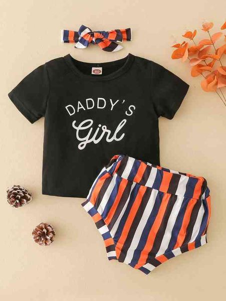 

baby letter graphic tee & block striped shorts with headband she, White