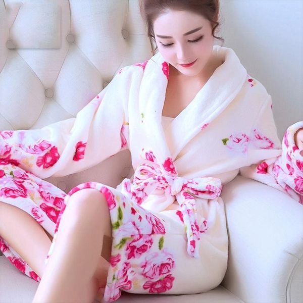 

soft robes long bathrobe womens sleepwears flower flannel winter warm kimono bath robe sleepwear dressing gown female nightwear home clothes, Black;red