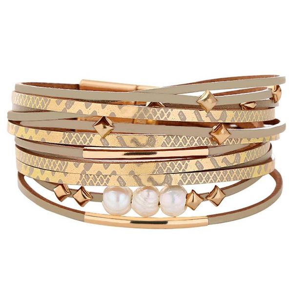 

tennis fashion women bohemia leather wrap bracelet metallic crescents pearl crystal cuff bangles jewelry for ladies bracelets, Golden;silver