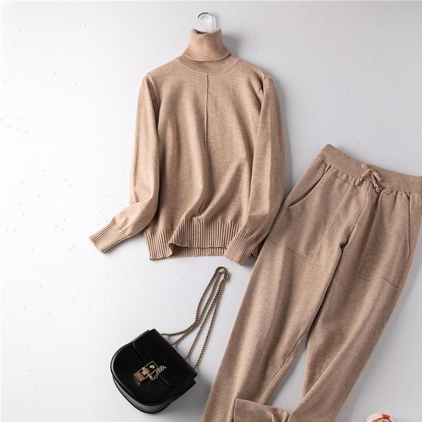 

woman 2 pieces sets ladies tracksuits autumn winter sweater turtleneck pullovers long knitted pants thick suits female jogging, Gray