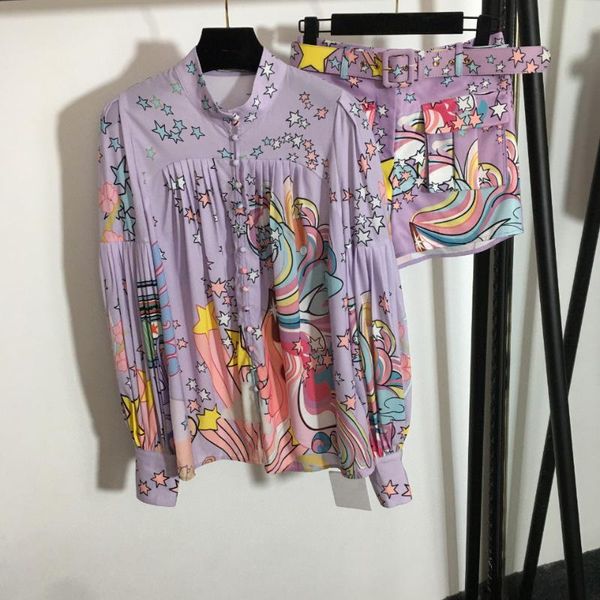 

women's tracksuits luxury autumn colored five-pointed star print long-sleeved shirt + waist shorts two pcs set, Gray