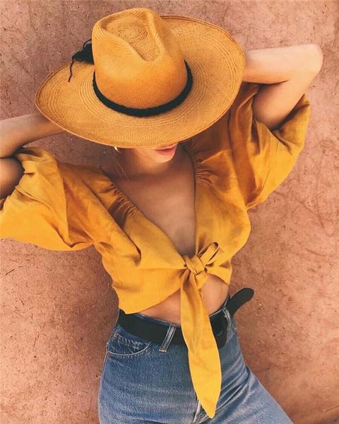 

2021 new yellow deep v neck bow crop vintage lantern sleeve summer women blouse shirts beach wear holiday blusas 3u7e, Black;brown