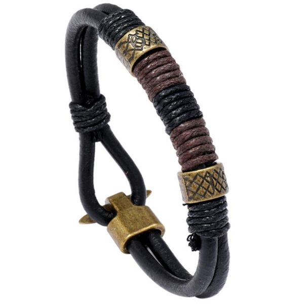 

link, chain fashion hippie men leather bracelet handmade vintage retro rope bronze alloy charm bangle wrap wristbands rock punk jewelry gift, Black