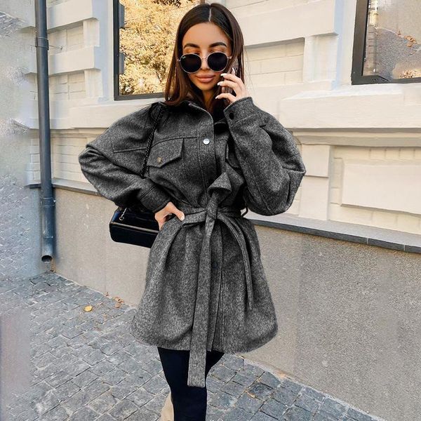 

wepbel long sleeve lapel pocket woolen strap small coat women solid color wool blends lace up loose jackets long section outwear, Black