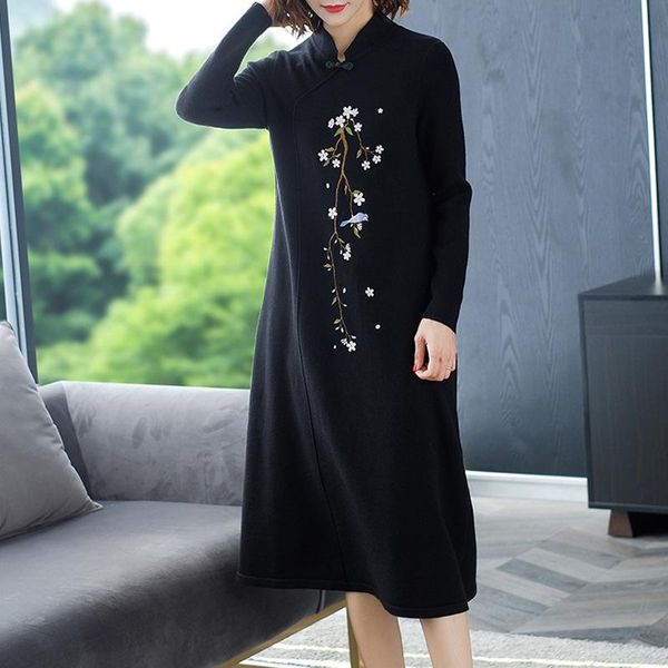 

casual dresses knit dress autumns winter chinese style mandarin collar long sleeve embroidery cheongsam elegant woman knitwear os164, Black;gray