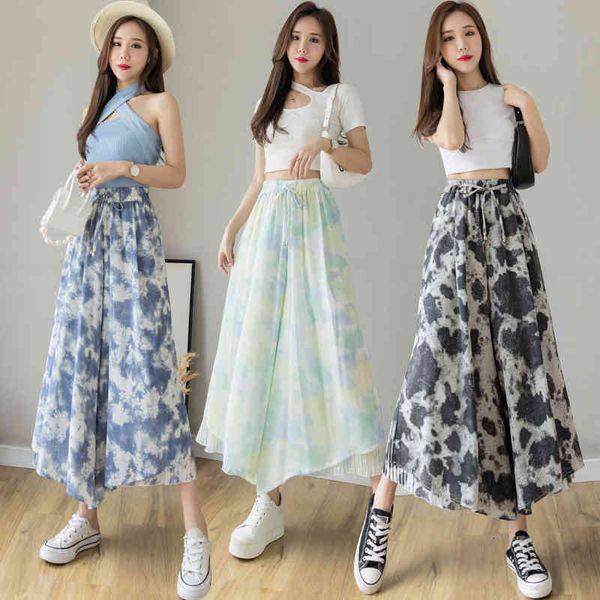 

women's pants & capris female tie dye chiffon loose elastic high waist irregular pleated wide leg length pant summer women casual, Black;white