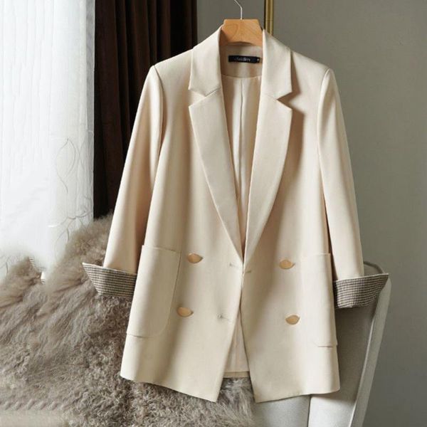 

women's suits & blazers casual women jackets plaid cuffs work wear coat fashion autumn winter elegant notched double breasted loose jac, White;black