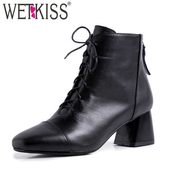 

wetkiss motorcycle high heels boots women cow leather ankle booties female square toe shoes ladies lace up shoes winter 210630, Black