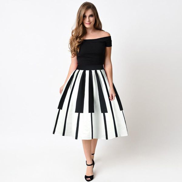 

skirts 3d black white piano key print pleated skirt women casual summer high waist knee length midi saia de couro s-xl