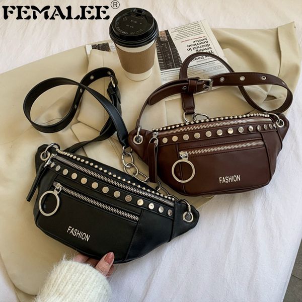 

ins fashion rivet designer chest bag personality women pu leather waist bags portable travel chain crossbody handbag luxury sac c0228