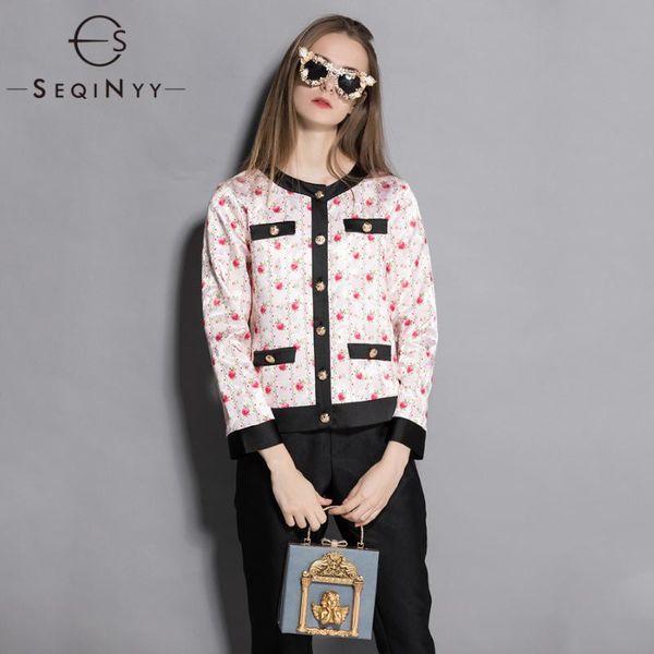 

women's jackets seqinyy lady jacket 2021 early autumn retro rose flowers printing long sleeves fashion slim beige short, Black;brown
