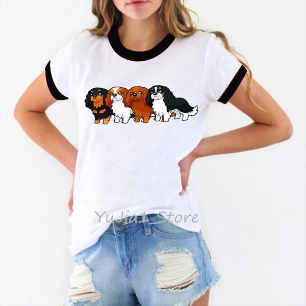 

harajuku kawaii cavalier king mens charles spaniel animal print female cute summer graphic tees men white, White;black