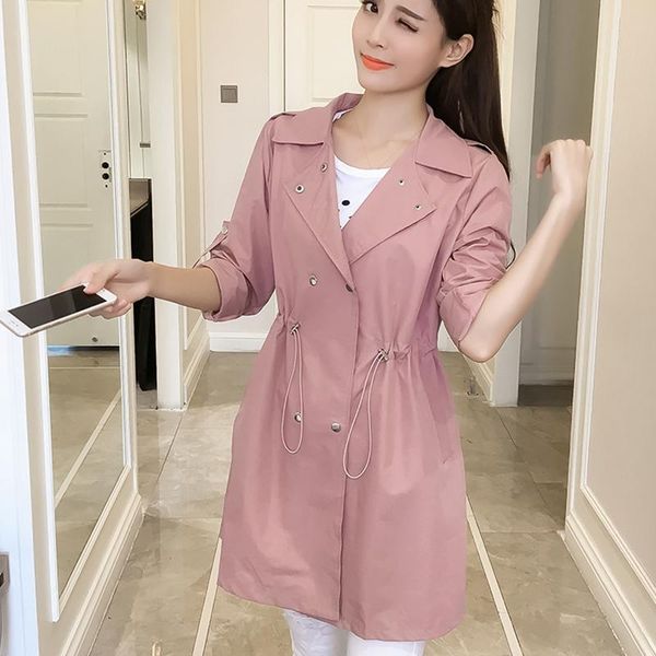 

women's trench coats spring autumn womens coat plus size long female slim jaqueta fashion sleeve drawstring windbreaker outerwear, Tan;black