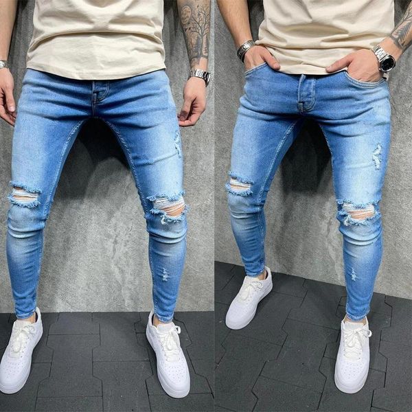 

men's jeans casual men elastic skinny stretch ripped denim pencil pants streetwear frayed mens blue