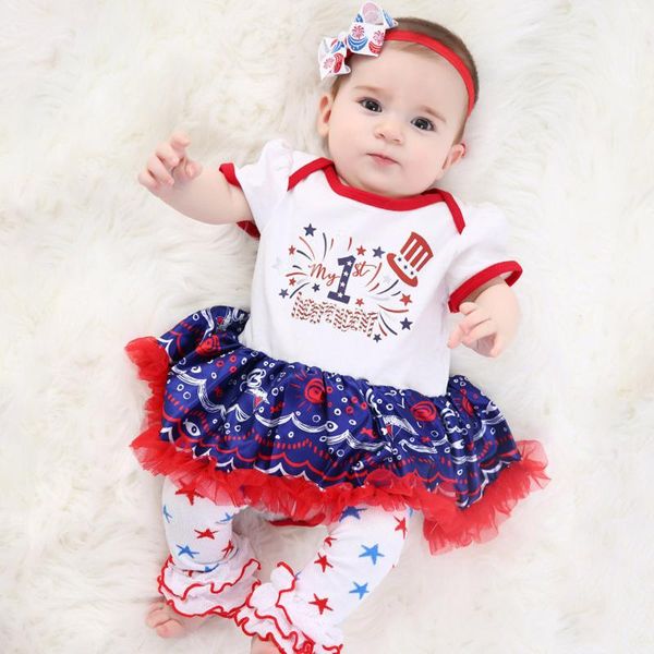

clothing sets born baby girls outfits princess american star print o-neck tutu dress + +headband summer infant, White