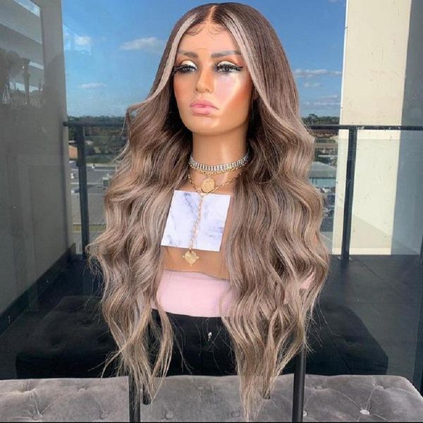

lace wigs chestnut ombre long wave 13x6 front human hair preplucked full wig for black women 360 frontal high ponytail remy, Black;brown