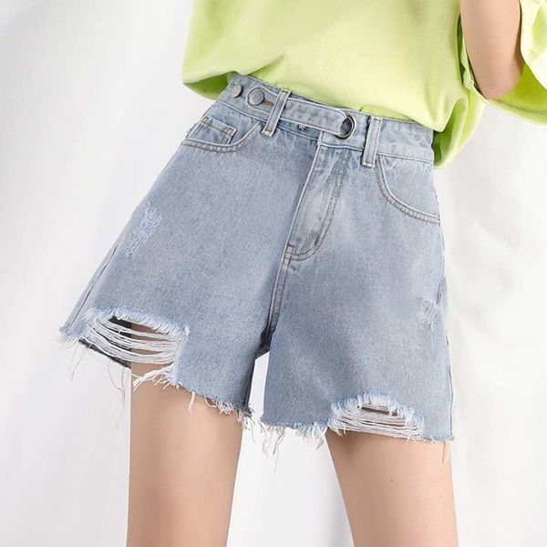 

2021 new summer women wide leg hole blue denim streetwear high waist loose plus size jeans shorts m510, White;black