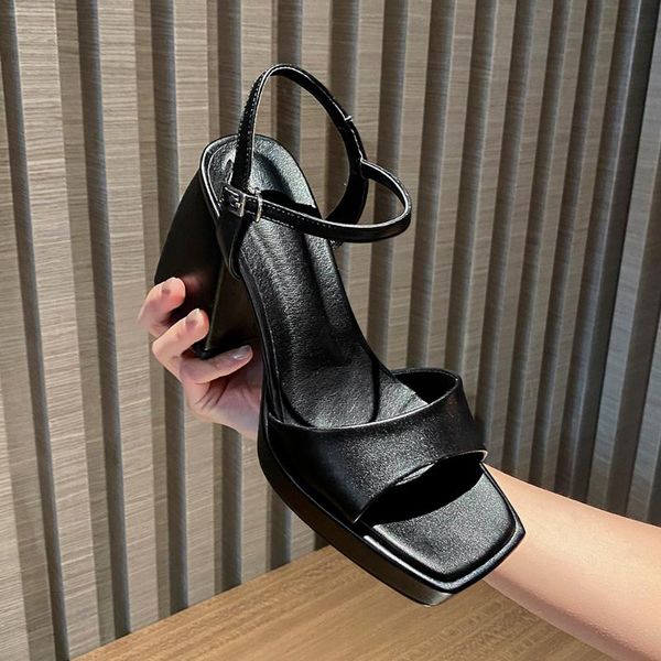 

dress shoes fashion women summer ladies genuine leather platform sandals woman square toes chunky heels designer black/white