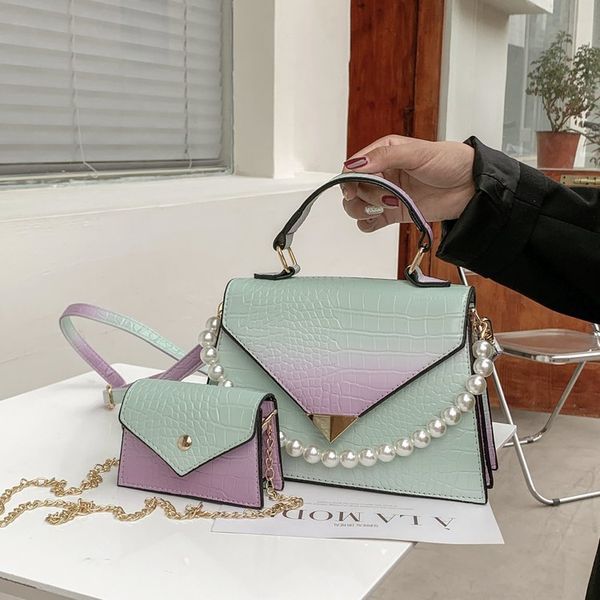 

handbag bag women's 2021 portable pearl chain shoulder popular stone grain gradient messenger, Black;red