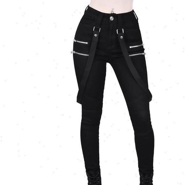 

high waist pants women black skinny trousers belt streetwear woman long pants vintage pencil pants punk gothic trousers joggers, Black;white