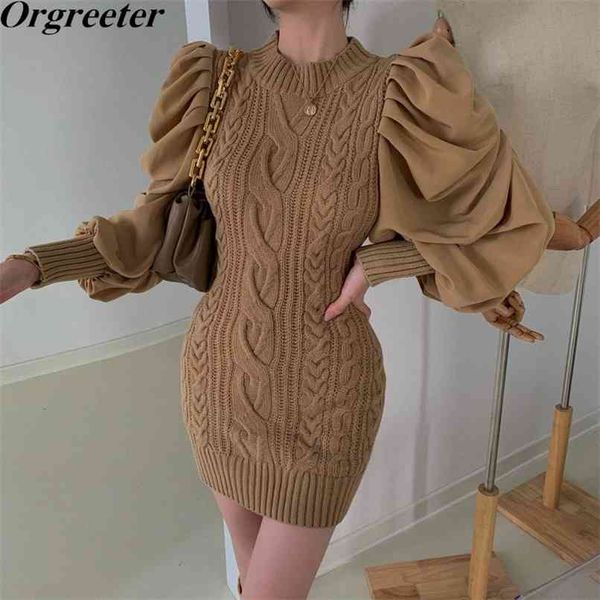 

chic patchwork twist mini sweater dress women fall winter ruched puff sleeve knitted sheath pencil vestidos 210602, Black;gray