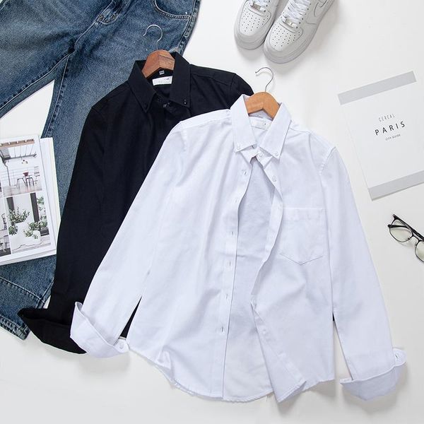 

women's blouses & shirts ayaozfashion oxford lapel long sleeve office women solid color buttons blouse casual black and white blue