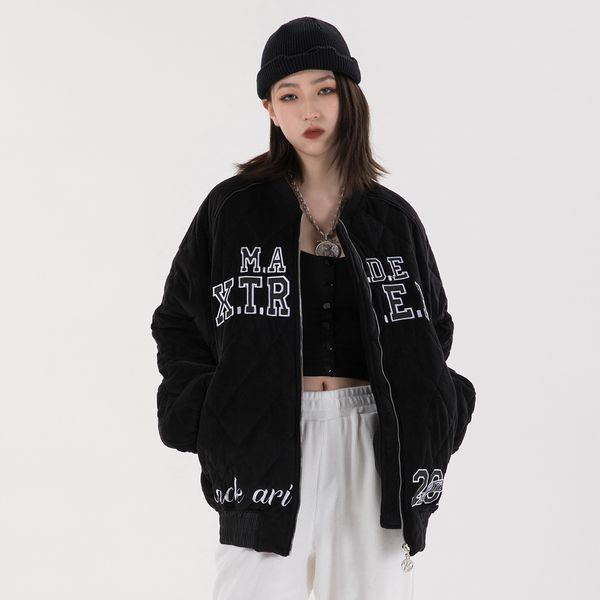 

2021 New Men's Winter Vintage Thick Warm Women Jacket Cotton Coat Embroidery Zipper Streetwear Clothing L4k3, Black
