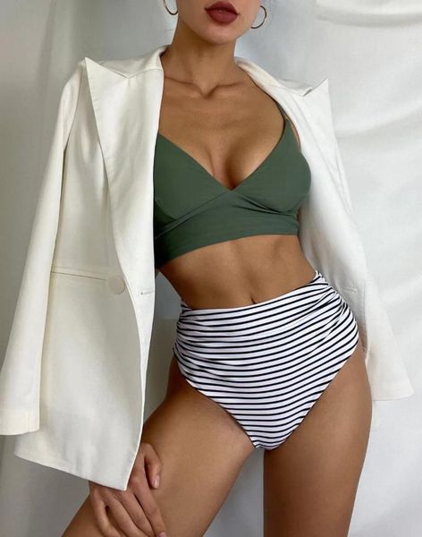 

women's swimwear 2021 swimsuit cross strap durable split without steel support with chest cushion bikini push up top, White;black