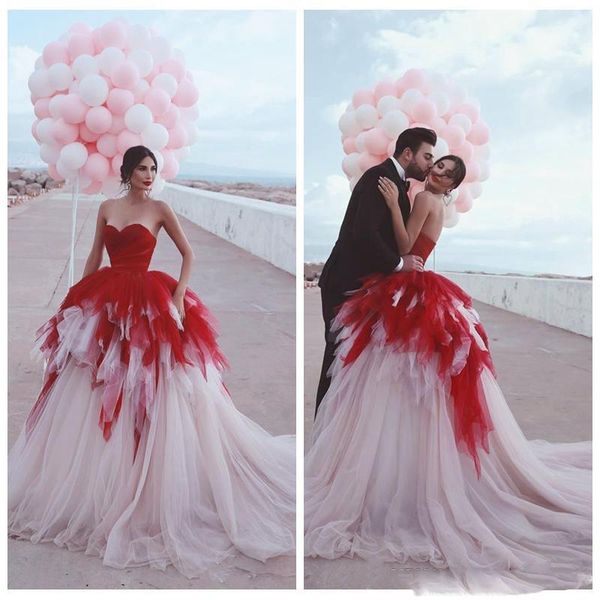 

sweetheart ball gown tulle red wedding dresses pleated customized bridal gowns formal soft vestidos de mariee colorful middle east, White