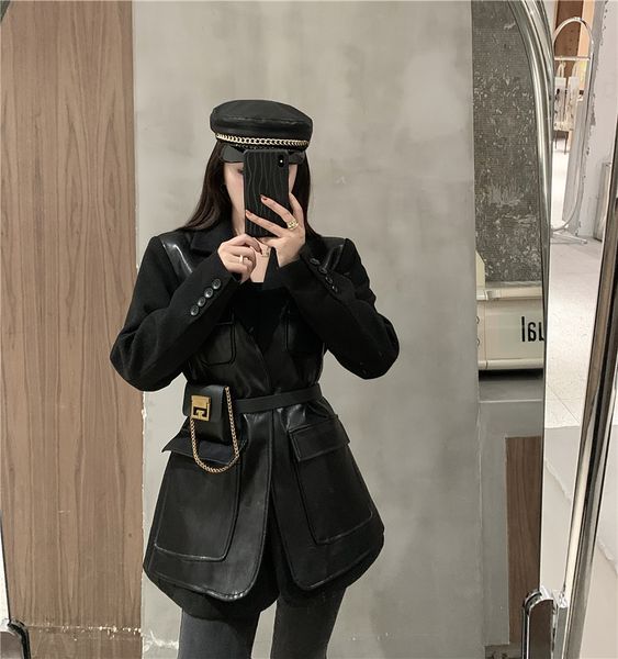 

black stitching leather loose long sleeve fashion fashionable women casual coats korean style casual coats gift waist bag, Black;brown