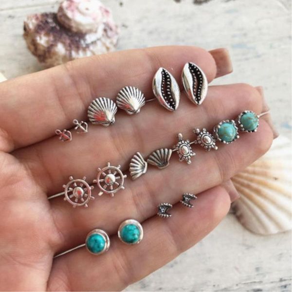 

stud 9 pairs/pack brincos mixed summer ocean beach shell rudder earrings for women waterdrop crystal ear studs fashion jewelry, Golden;silver