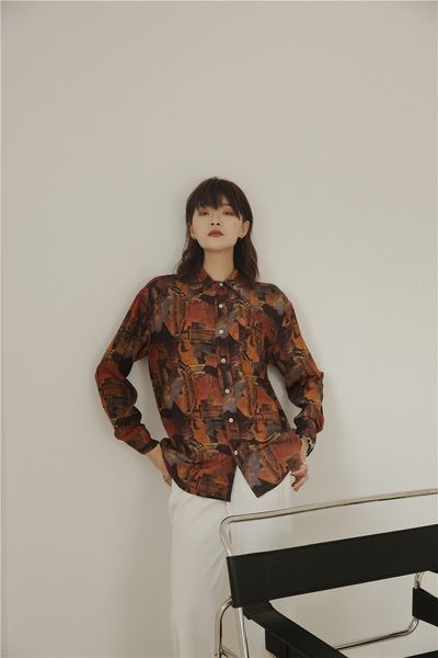 

2021 camp style vintage long sleeve blouse print button down shirt for women new arrival fashion d6b9, White