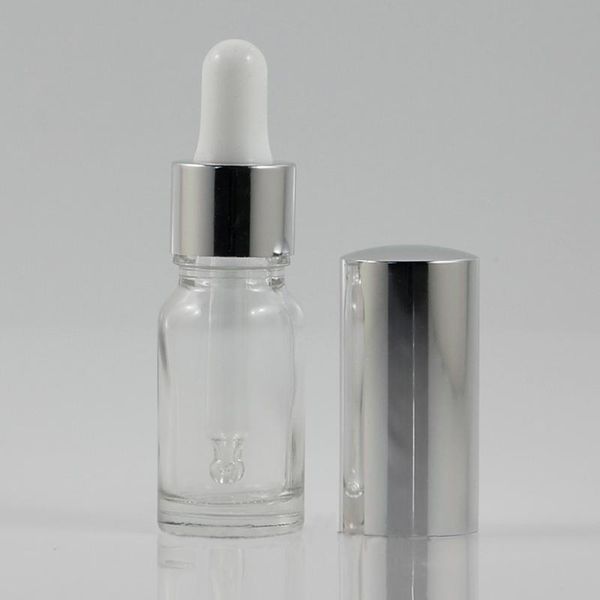 

10ml clear glass dropper bottle with shiny silver aluminum lid, new design glass frosted bottle for essential oil