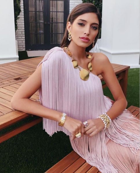 

casual dresses one shoulder taseel long rayon bandage dress noble celebrity fashion, Black;gray