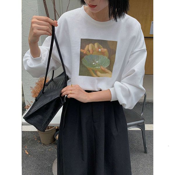 

goming white sweater early autumn women's pearl loose round neck long sleeve n629h, Black