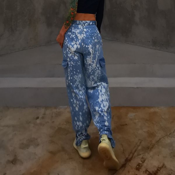 

hit color tie dye wide leg pants for women high waist hollow out lace up streetwear jeans female 2021 summer new, Black;white