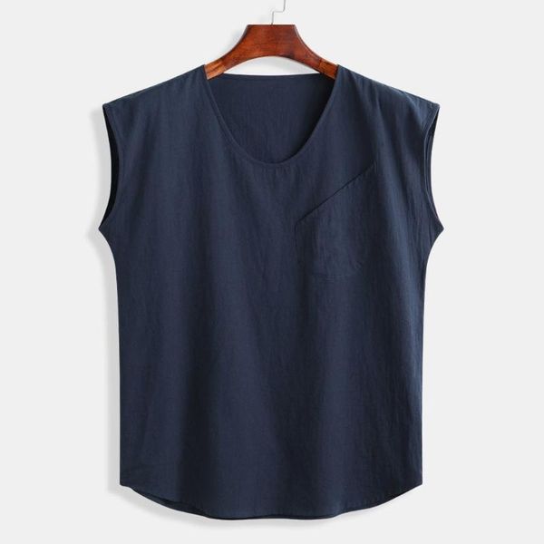 

men's t-shirts summer tank t shirt baggy cotton linen solid pocket sleeveless o-neck loose mens vest t-shirt camisetas, White;black