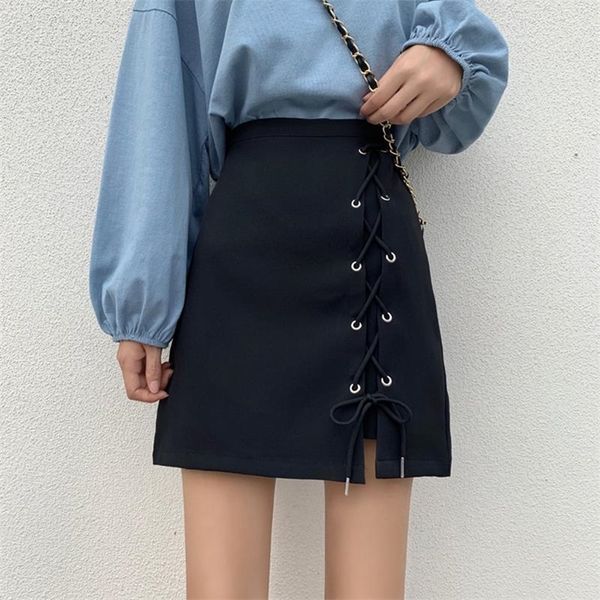 

skirts women mini empire solid female fashion summer leisure korean style lace-up simple solid a-line elegant streetwear 210310, Black